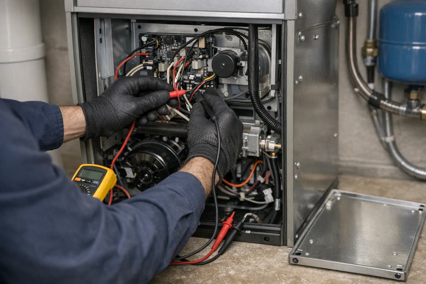 Professional HVAC diagnostics in Linden, NJ Technician hands diagnosing an indoor air handler system