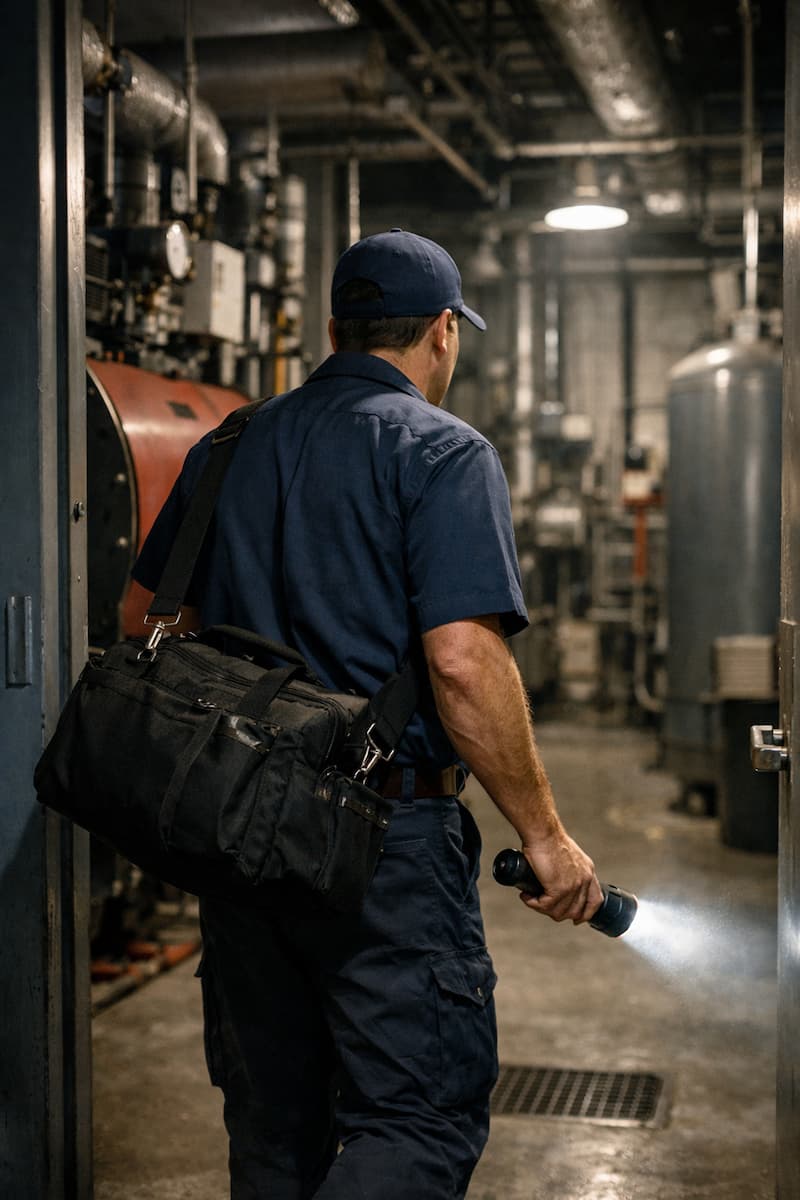 Technician entering commercial boiler room for urgent repair