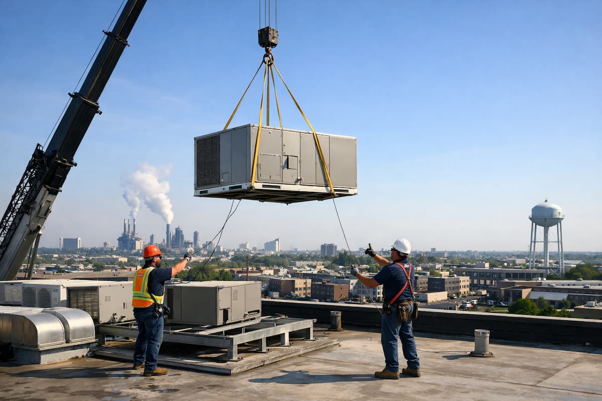 Crane lifting a rooftop unit during installation in Linden