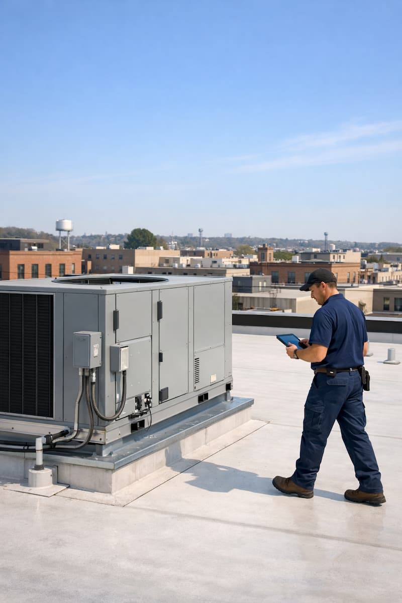 New rooftop unit on commercial roofline