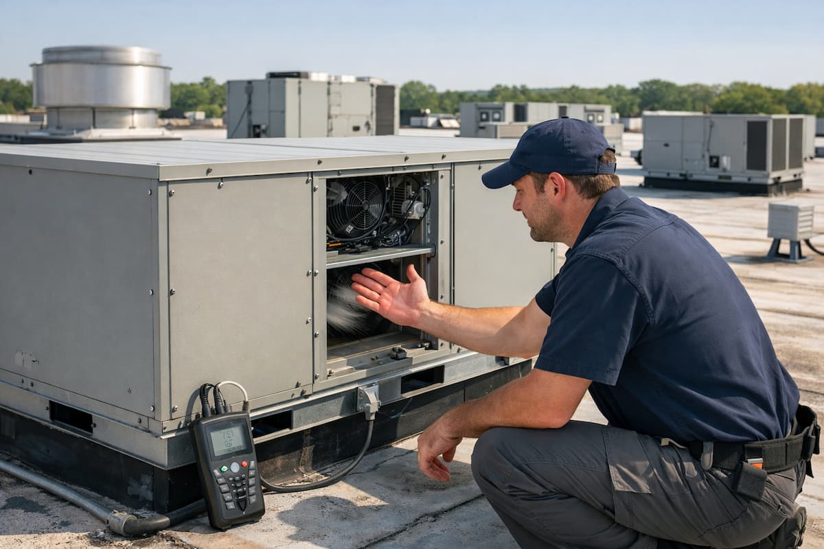 Airflow and performance check during rooftop unit repair