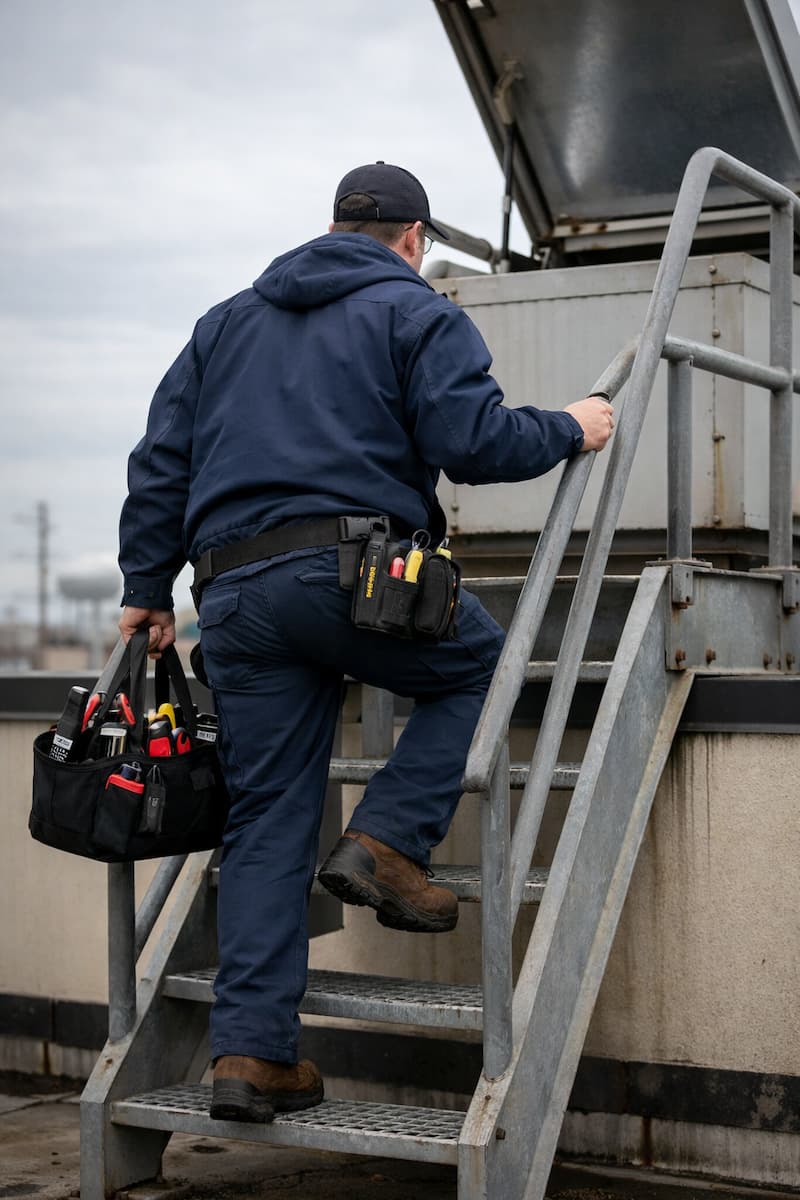 Technician accessing roof for urgent rooftop unit repair