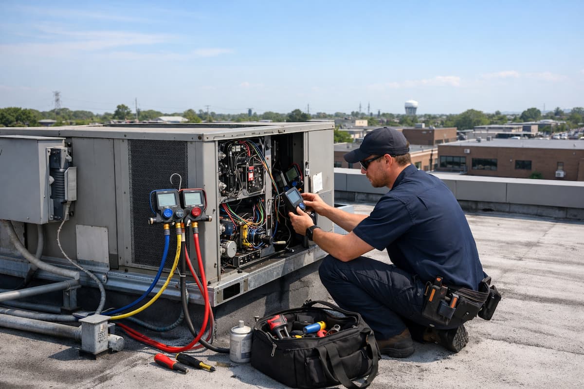 Rooftop unit diagnostics on a commercial roof in Linden