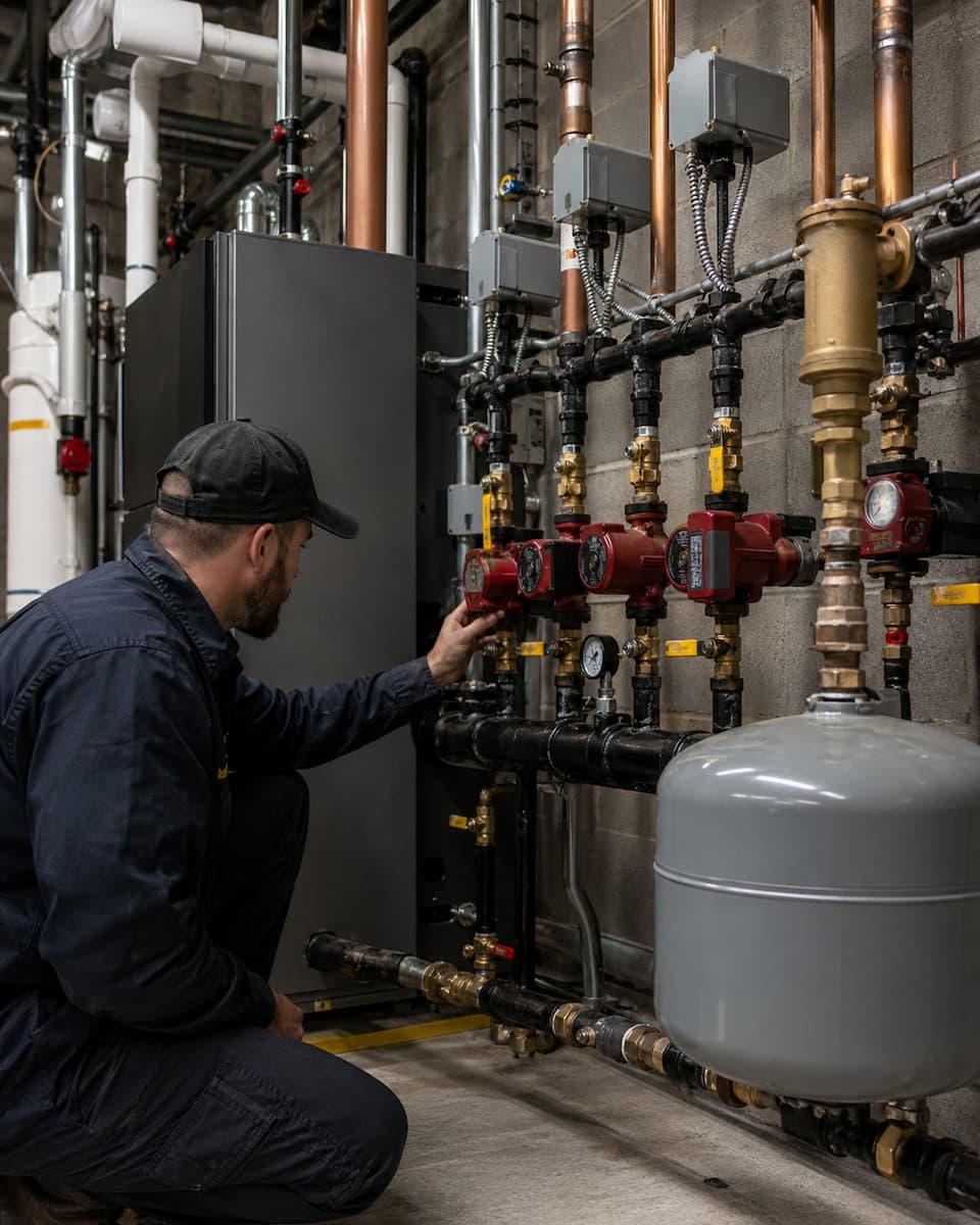 Commercial boiler controls and hydronic heating system setup