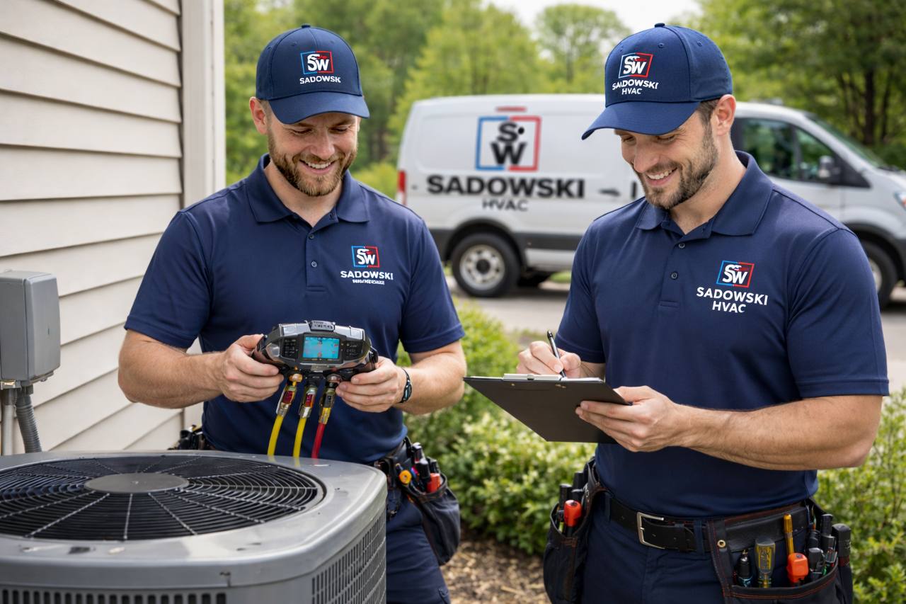 Two Sadowski HVAC technicians checking tools beside an outdoor AC condenser