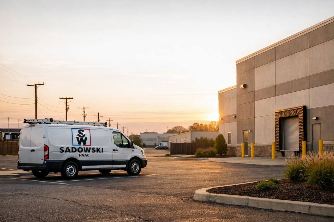 Sadowski HVAC service van outside a commercial facility at sunset