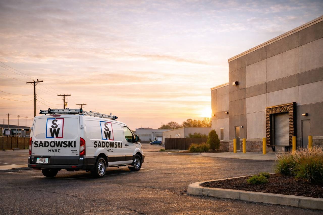 Sadowski HVAC service van outside a commercial building
