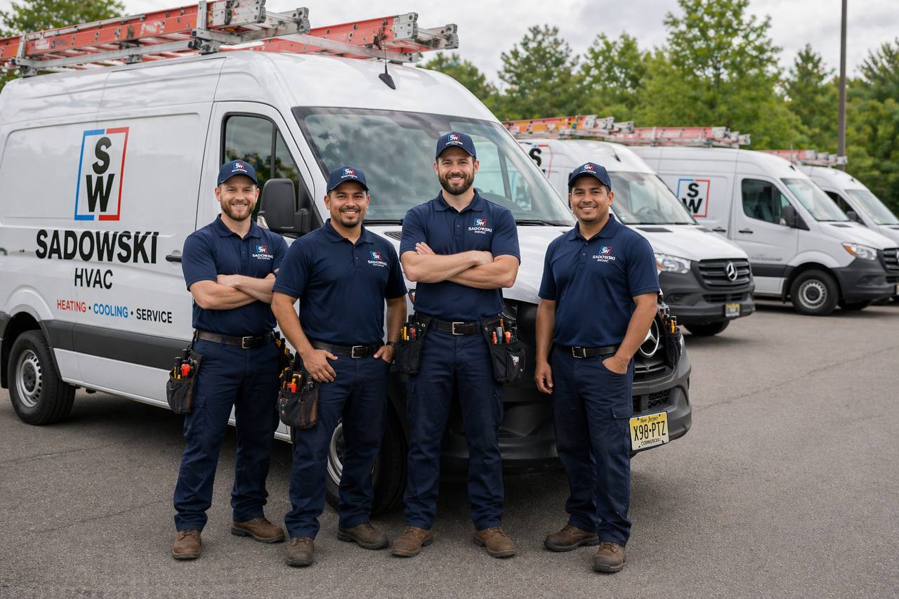 Sadowski HVAC team with service vehicles in Linden New Jersey