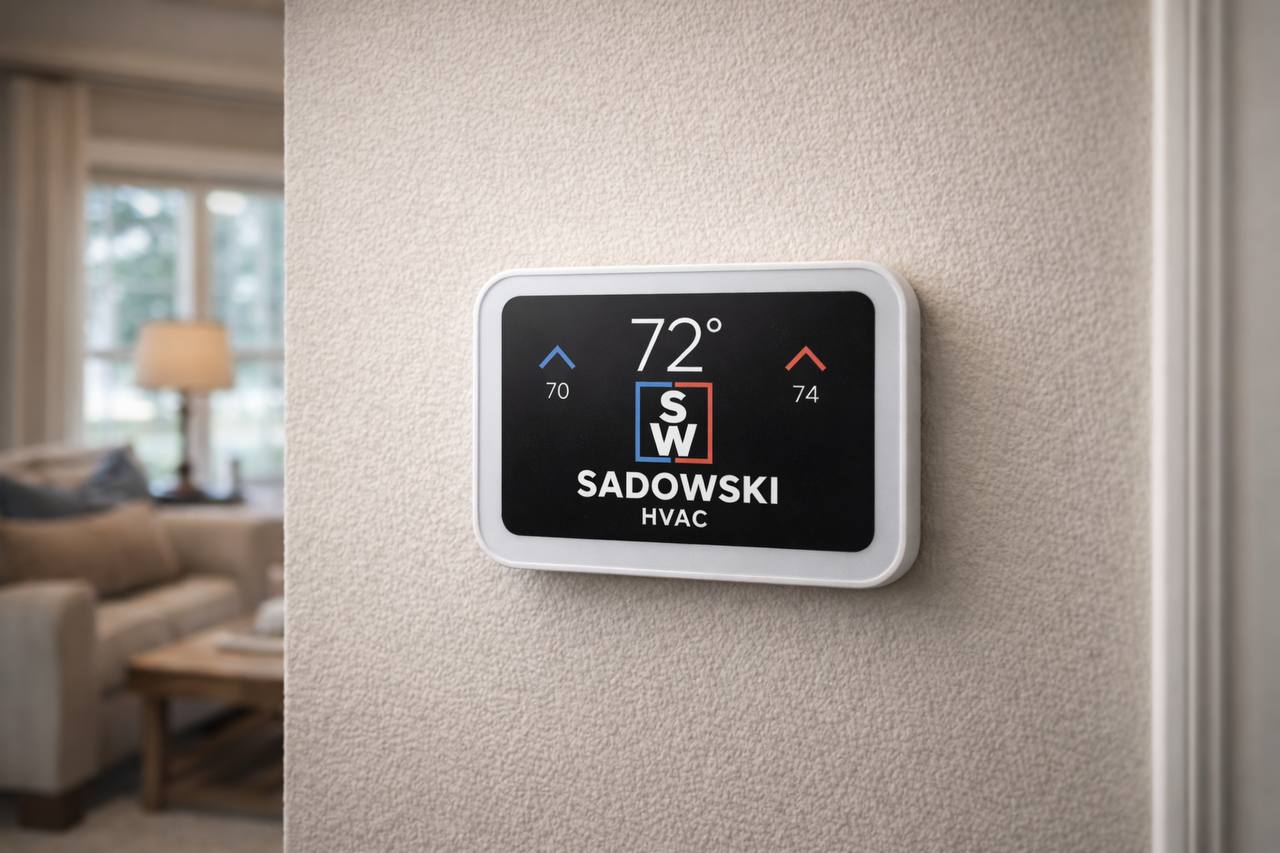 Wall-mounted Sadowski HVAC thermostat showing home temperature settings