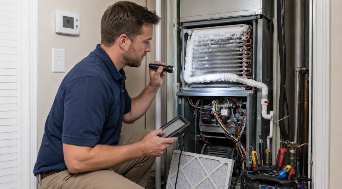 HVAC technician inspecting a frozen AC coil and refrigerant line