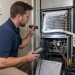 HVAC technician inspecting a frozen AC coil and refrigerant line