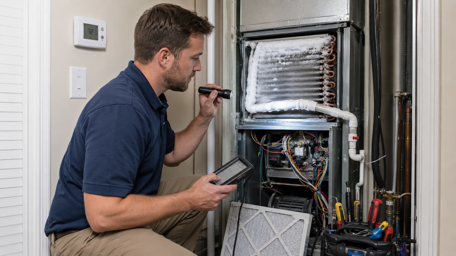 HVAC technician inspecting a frozen AC coil and refrigerant line