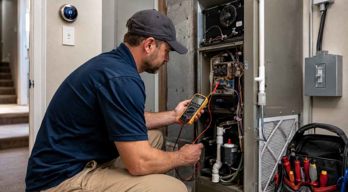 HVAC technician diagnosing why a home AC system is not turning on
