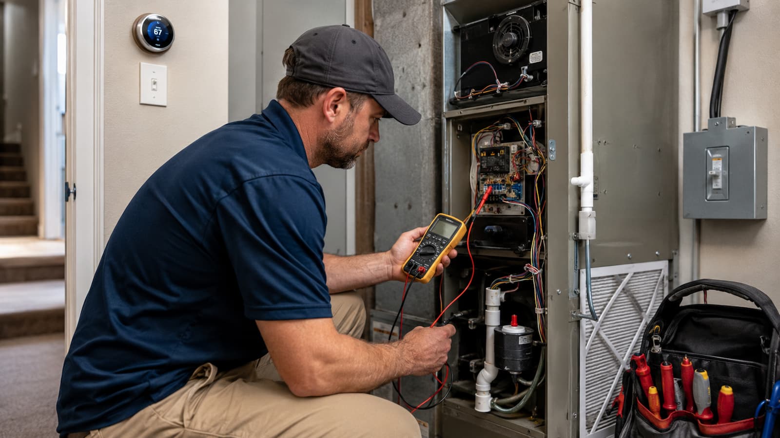 HVAC technician diagnosing why a home AC system is not turning on