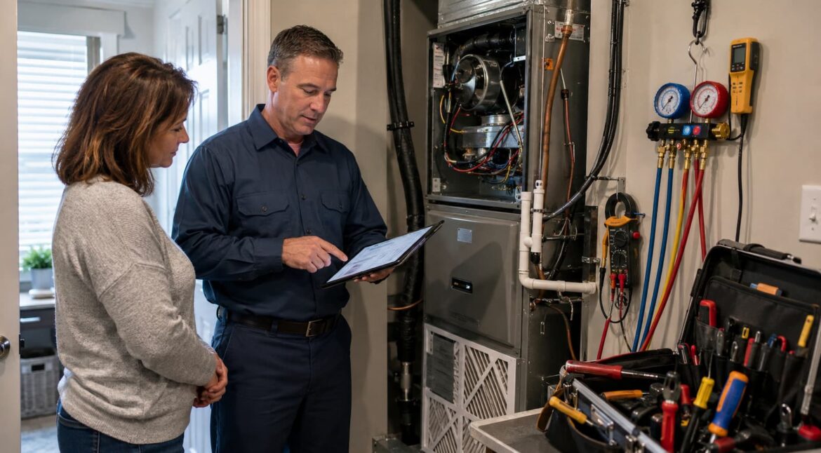 HVAC technician reviewing an AC repair estimate with a homeowner