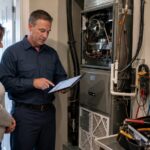 HVAC technician reviewing an AC repair estimate with a homeowner