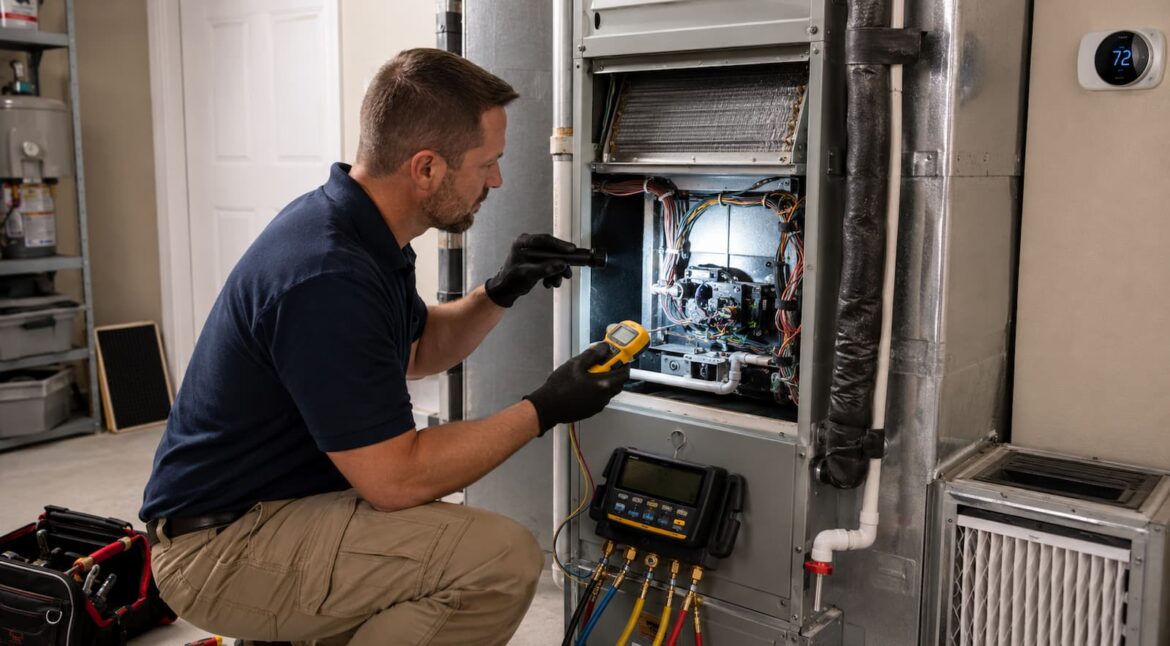 HVAC technician diagnosing an AC running constantly but not cooling the house