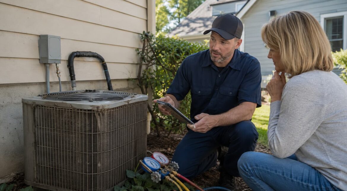 HVAC technician evaluating an aging air conditioner for repair or replacement