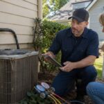 HVAC technician evaluating an aging air conditioner for repair or replacement