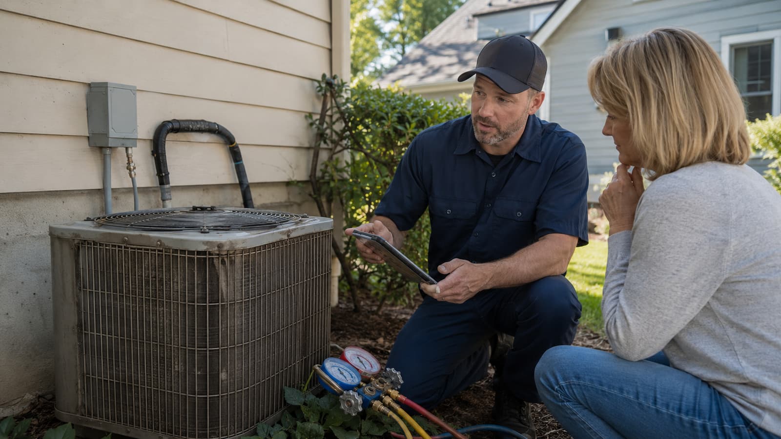 HVAC technician evaluating an aging air conditioner for repair or replacement