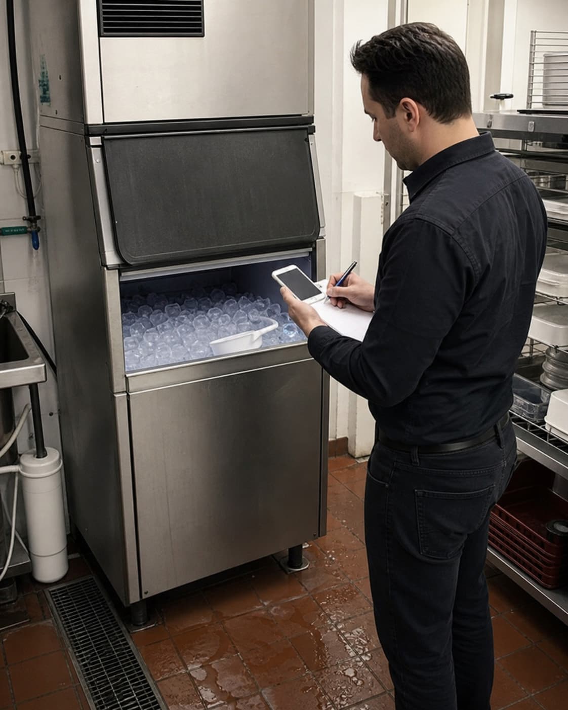 Staff member checking a commercial ice machine before a repair visit