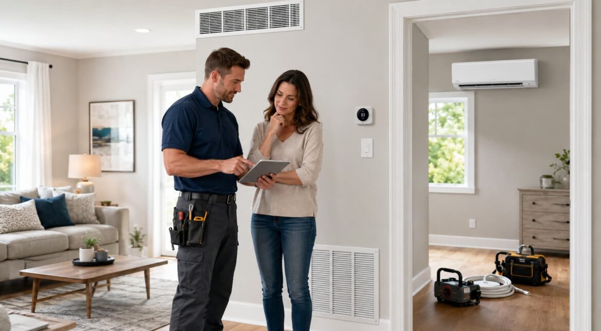 HVAC technician comparing central AC and ductless mini-split options with a homeowner