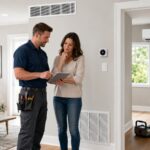 HVAC technician comparing central AC and ductless mini-split options with a homeowner