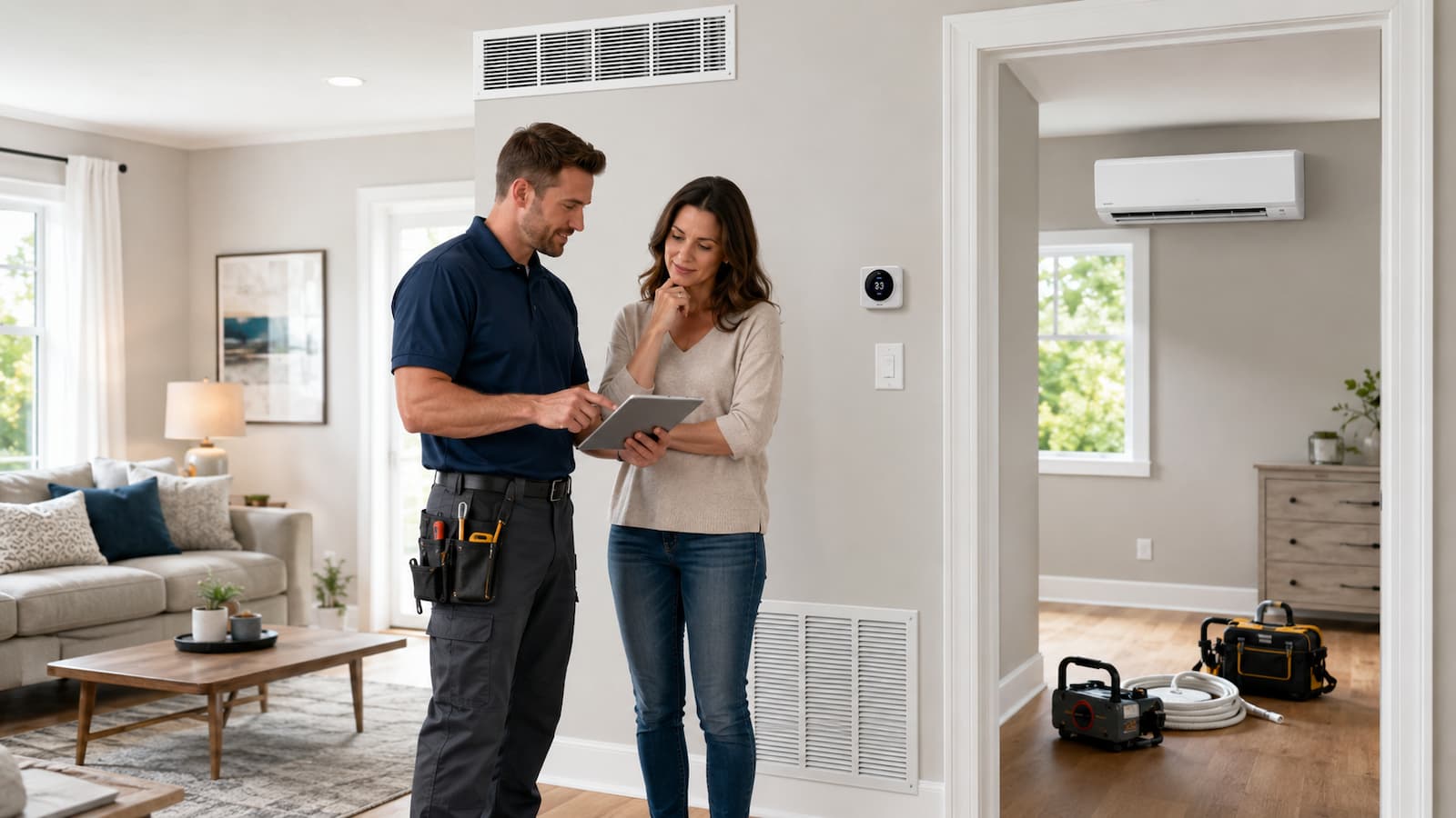 HVAC technician comparing central AC and ductless mini-split options with a homeowner