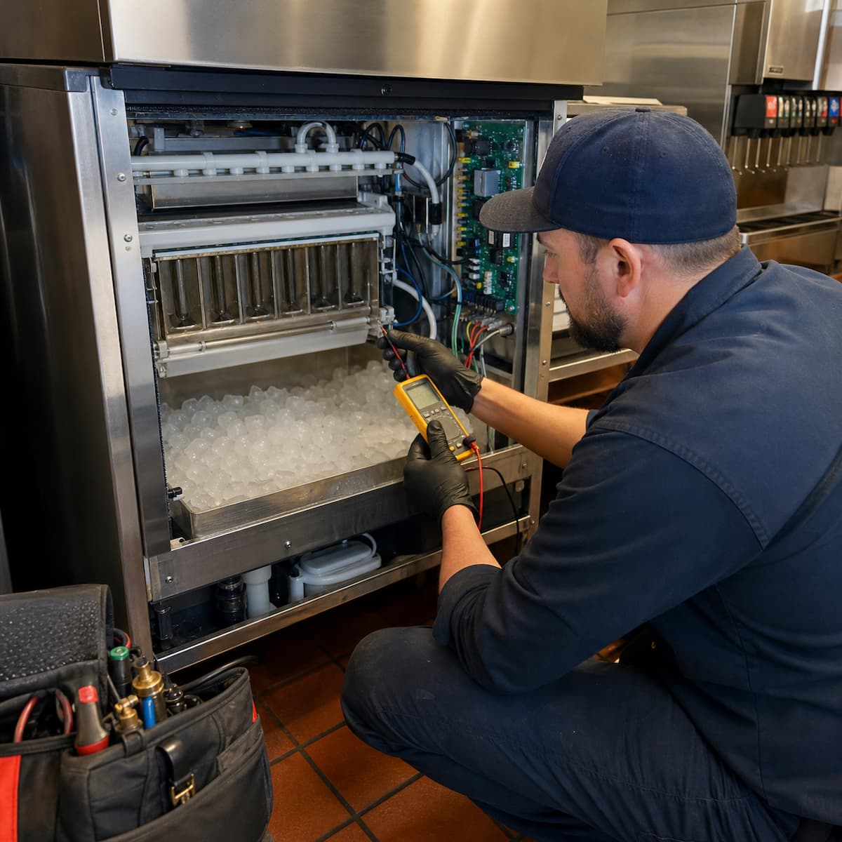 Technician performing cycle-based diagnostics on a commercial ice machine