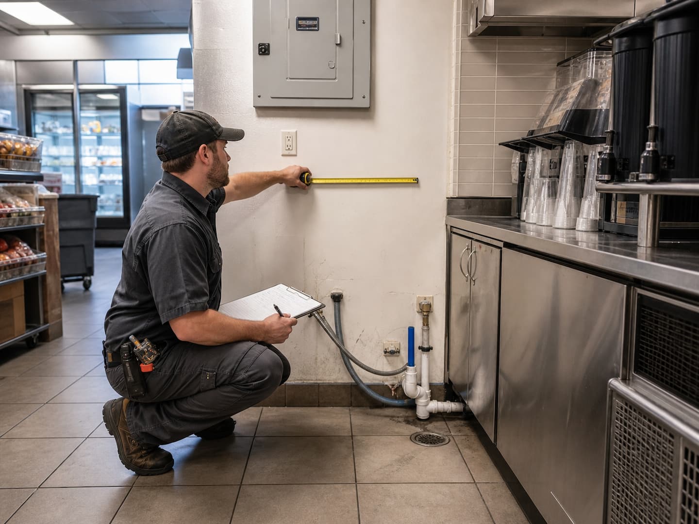 Technician checking site readiness for a commercial ice machine installation