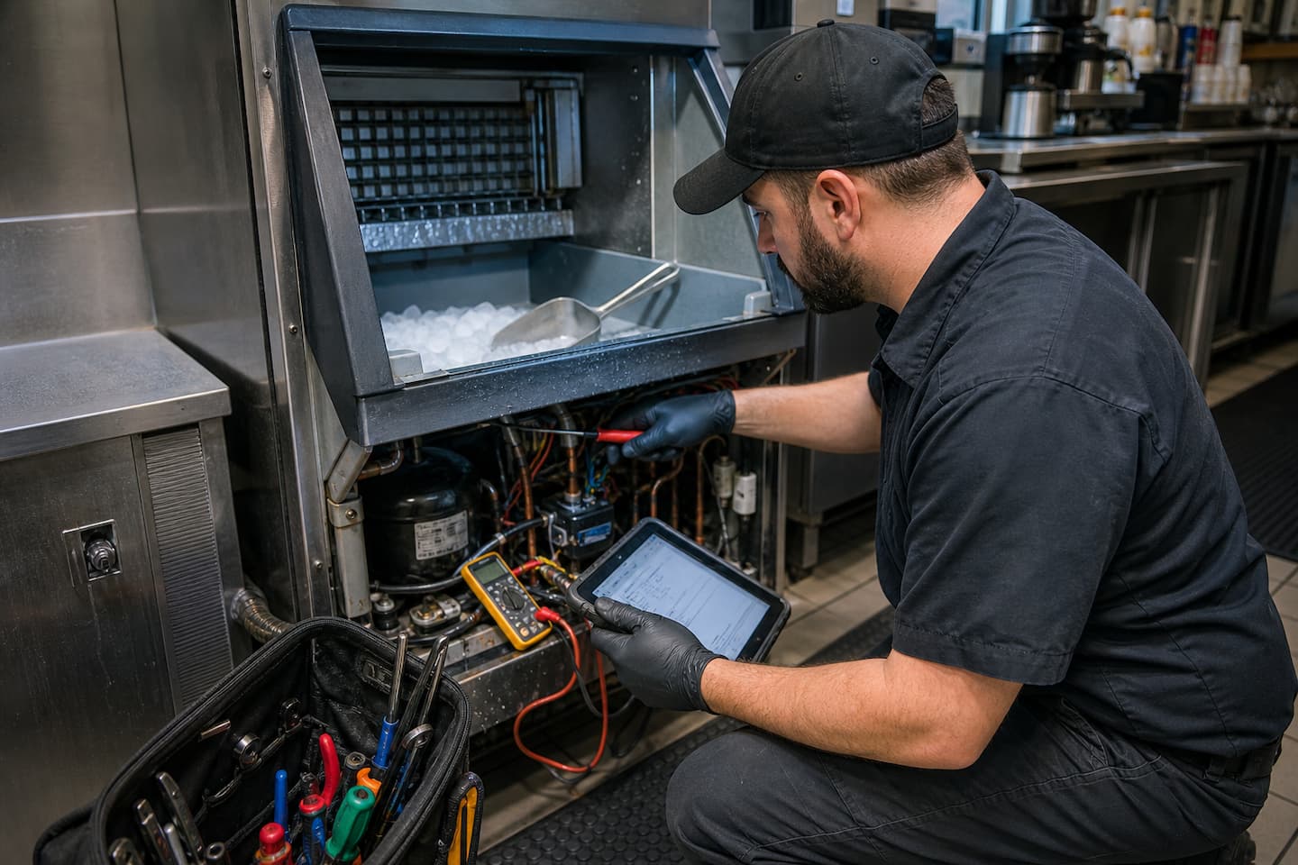 Technician tracing the pattern behind a commercial ice machine problem