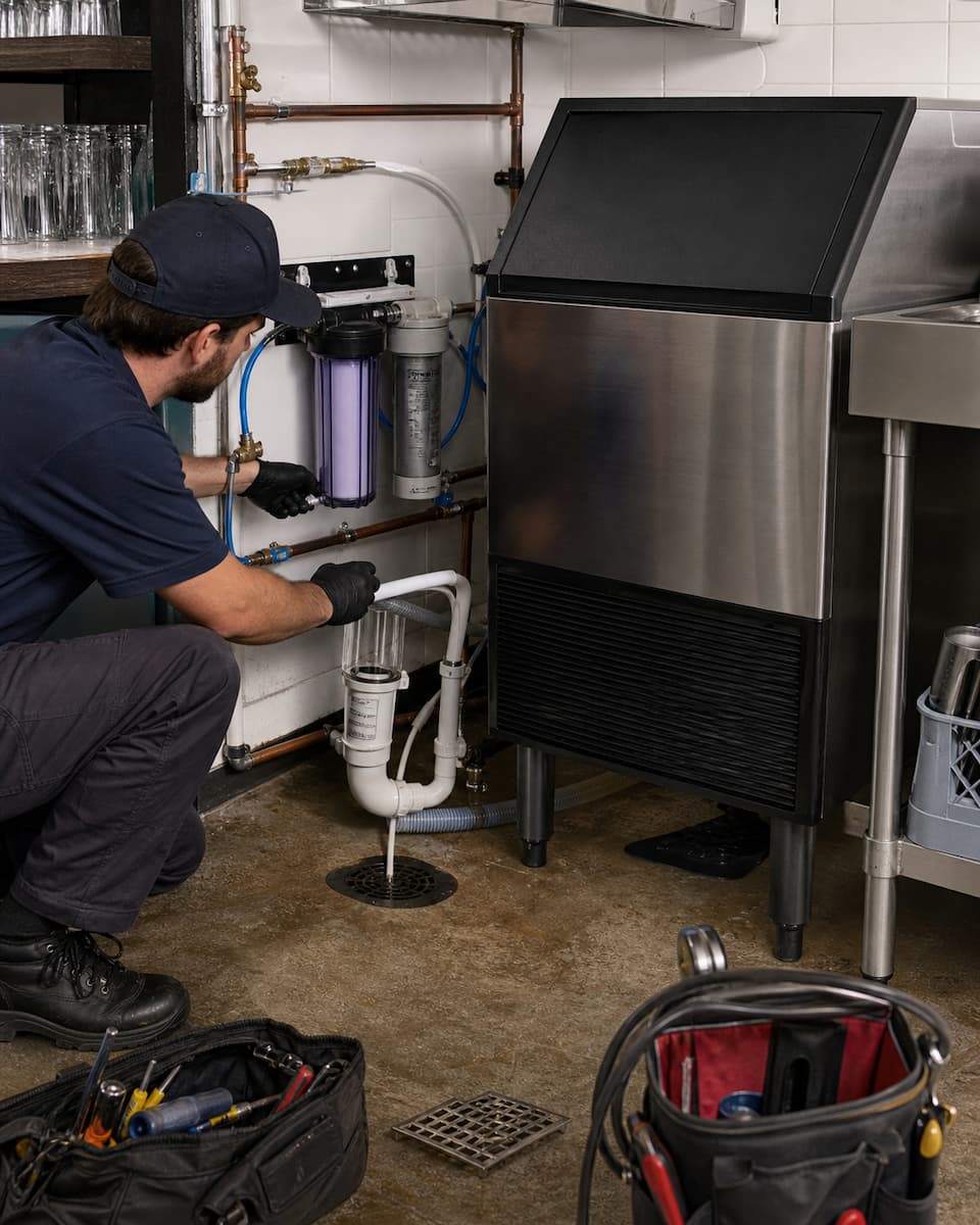 Technician planning water quality and drainage for a commercial ice machine