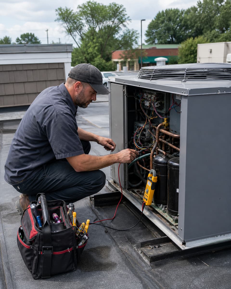 Technician servicing walk-in cooler equipment for a local Linden business