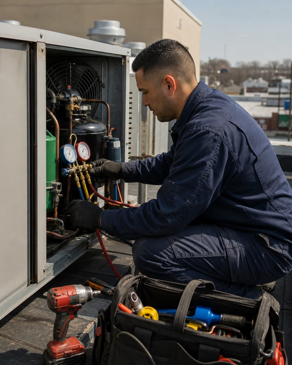 Technician servicing walk-in freezer equipment for a local Linden business