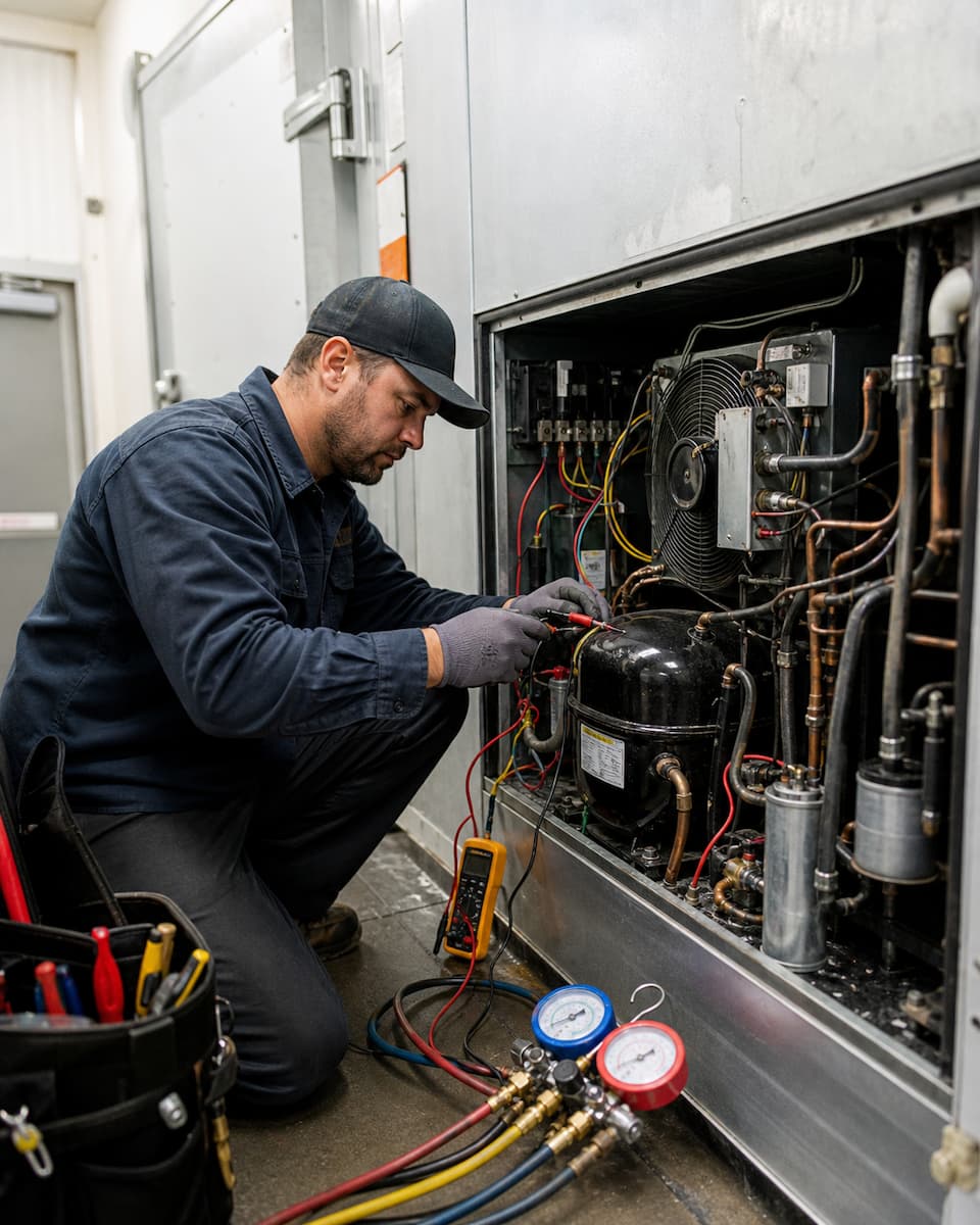 Technician troubleshooting walk-in cooler components