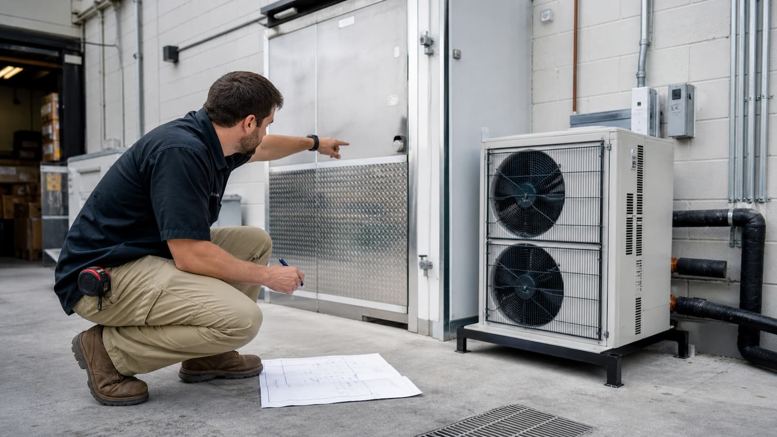 Technician planning walk-in cooler installation access and workflow