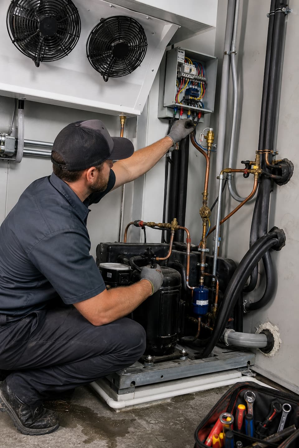 Installer working on walk-in cooler refrigeration components and layout