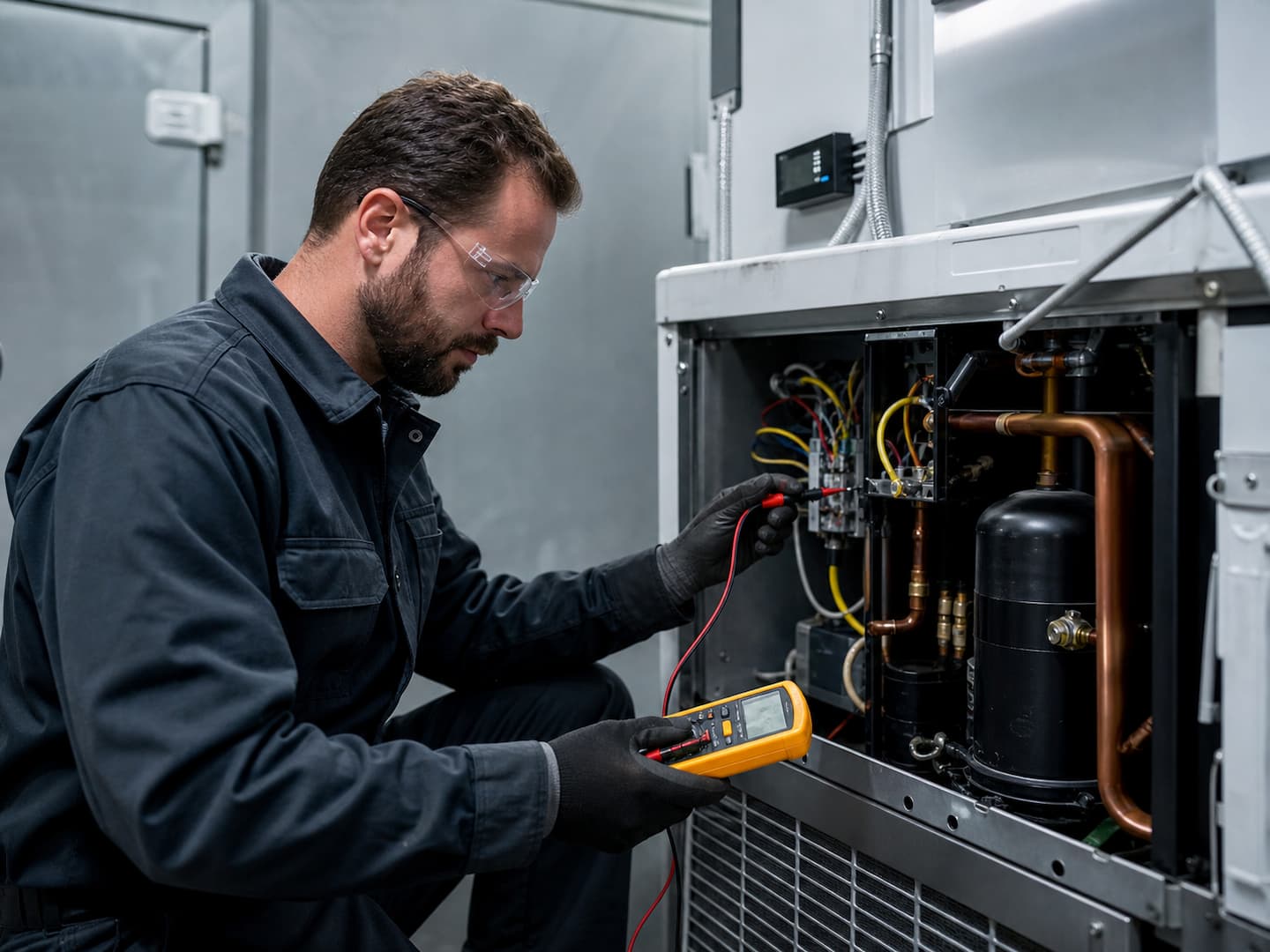 Technician tracing a walk-in cooler refrigeration problem