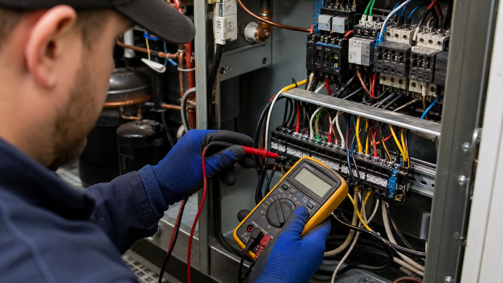 Technician performing walk-in cooler temperature diagnostics