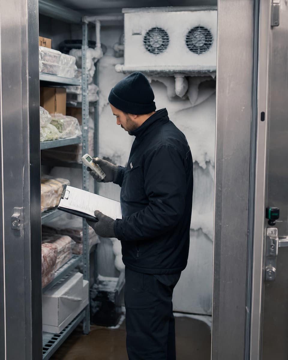 Technician taking risk-reduction steps before walk-in freezer repair