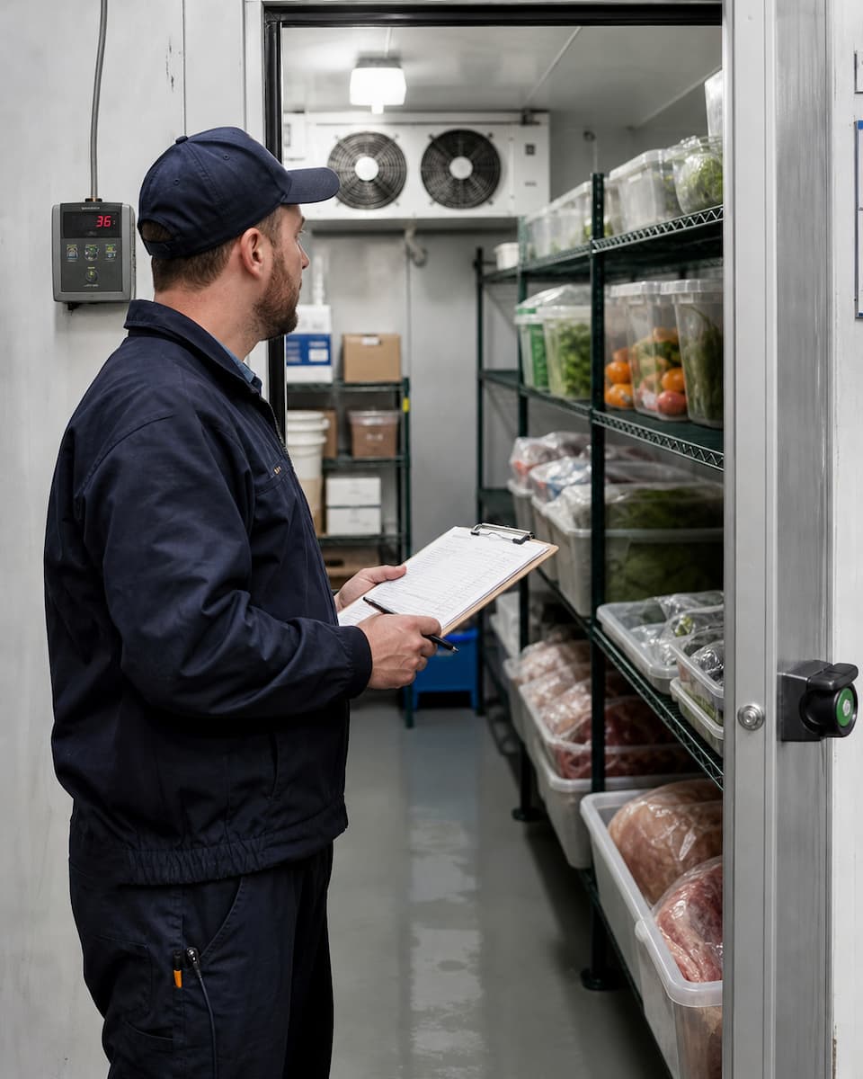Technician evaluating walk-in freezer capacity and installation load requirements