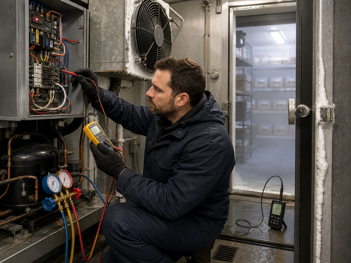 Technician tracing a walk-in freezer fault through the refrigeration system