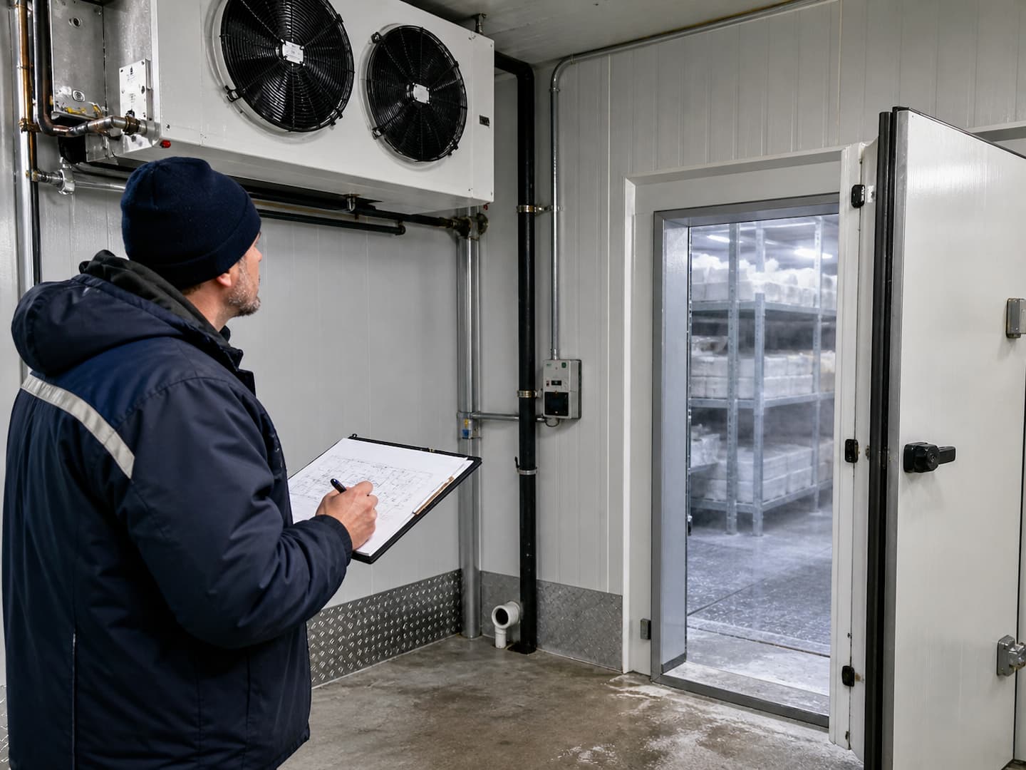 Technician planning a low-temperature walk-in freezer installation