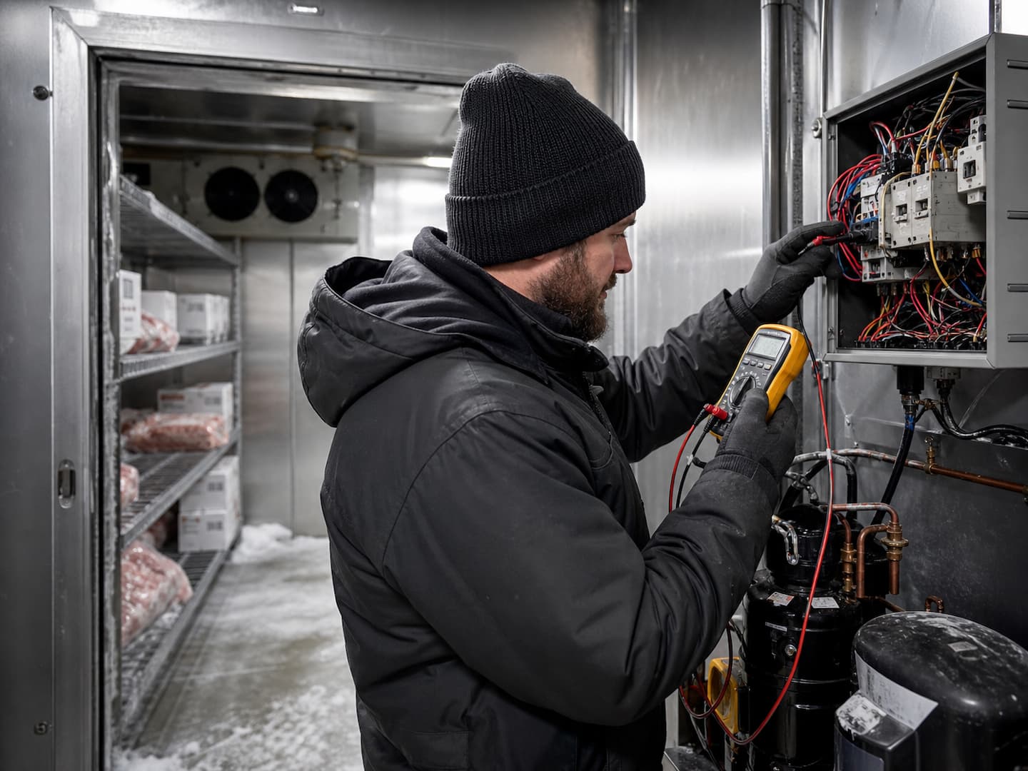 Technician diagnosing low-temperature walk-in freezer control issues