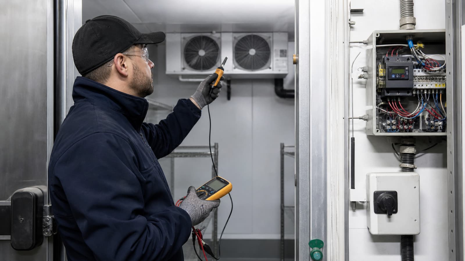 Technician checking startup performance on a newly installed walk-in freezer