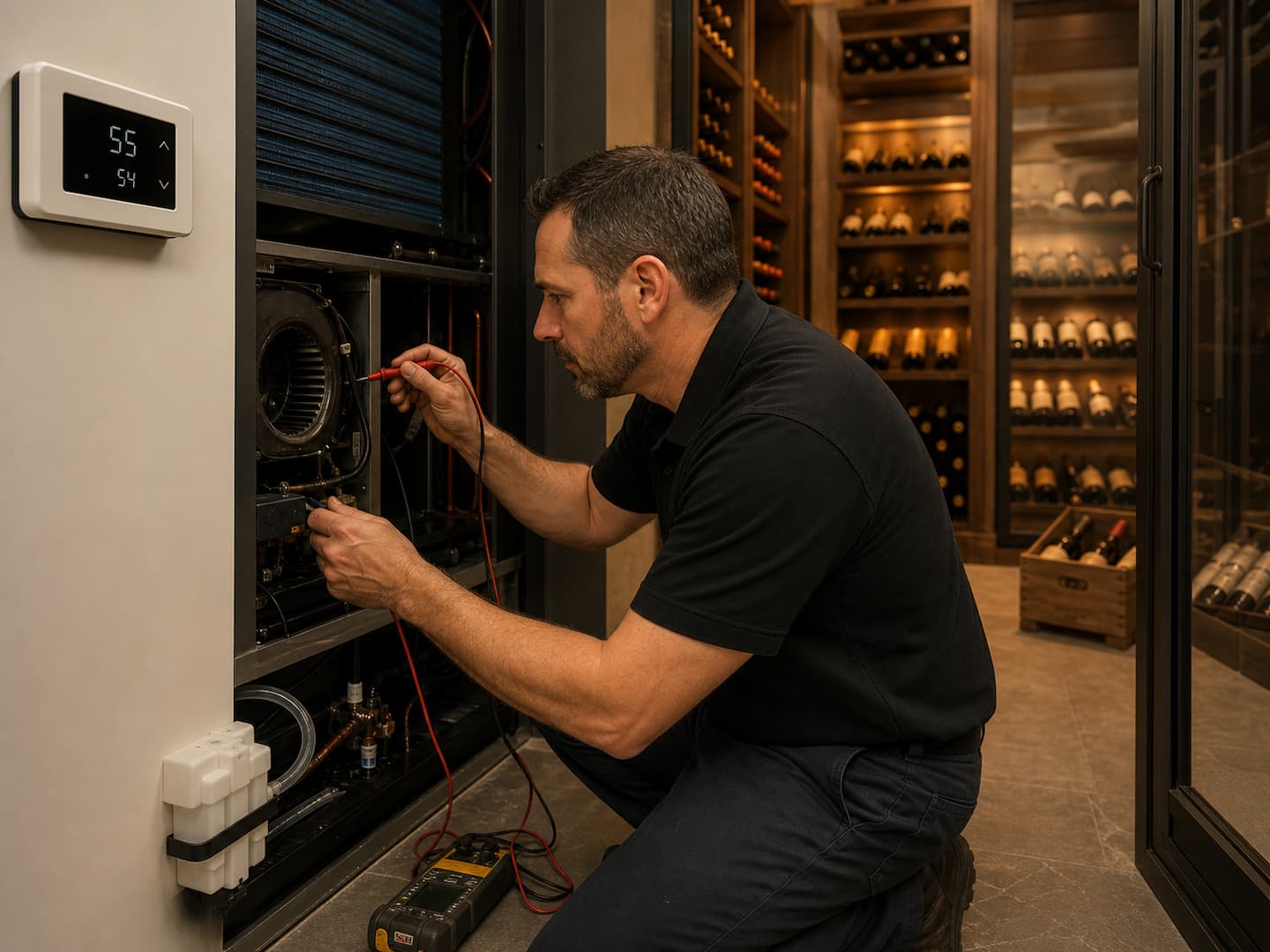 Technician repairing a wine cellar cooling system for controlled storage conditions