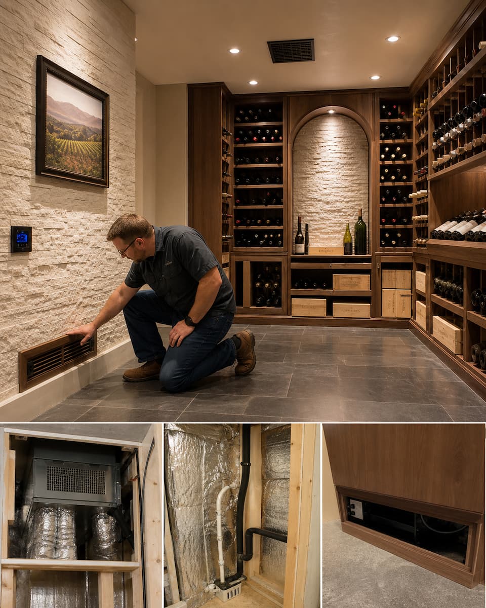 Wine cellar cooling design coordinated for aesthetics and service access