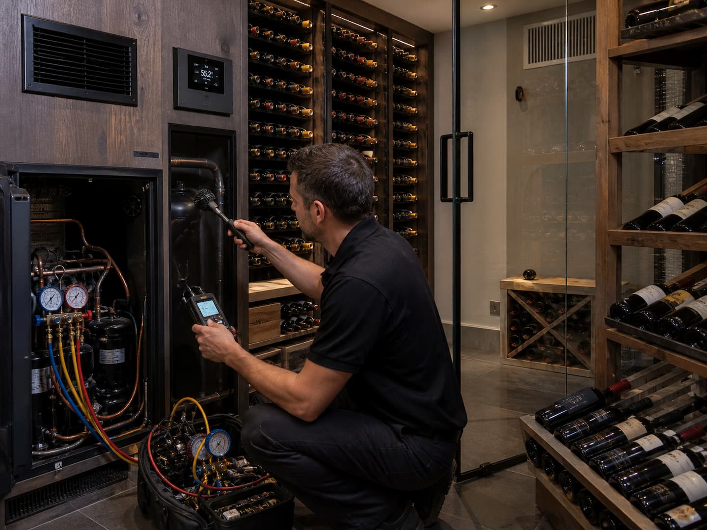 Technician diagnosing both the wine cellar cooling system and cellar conditions