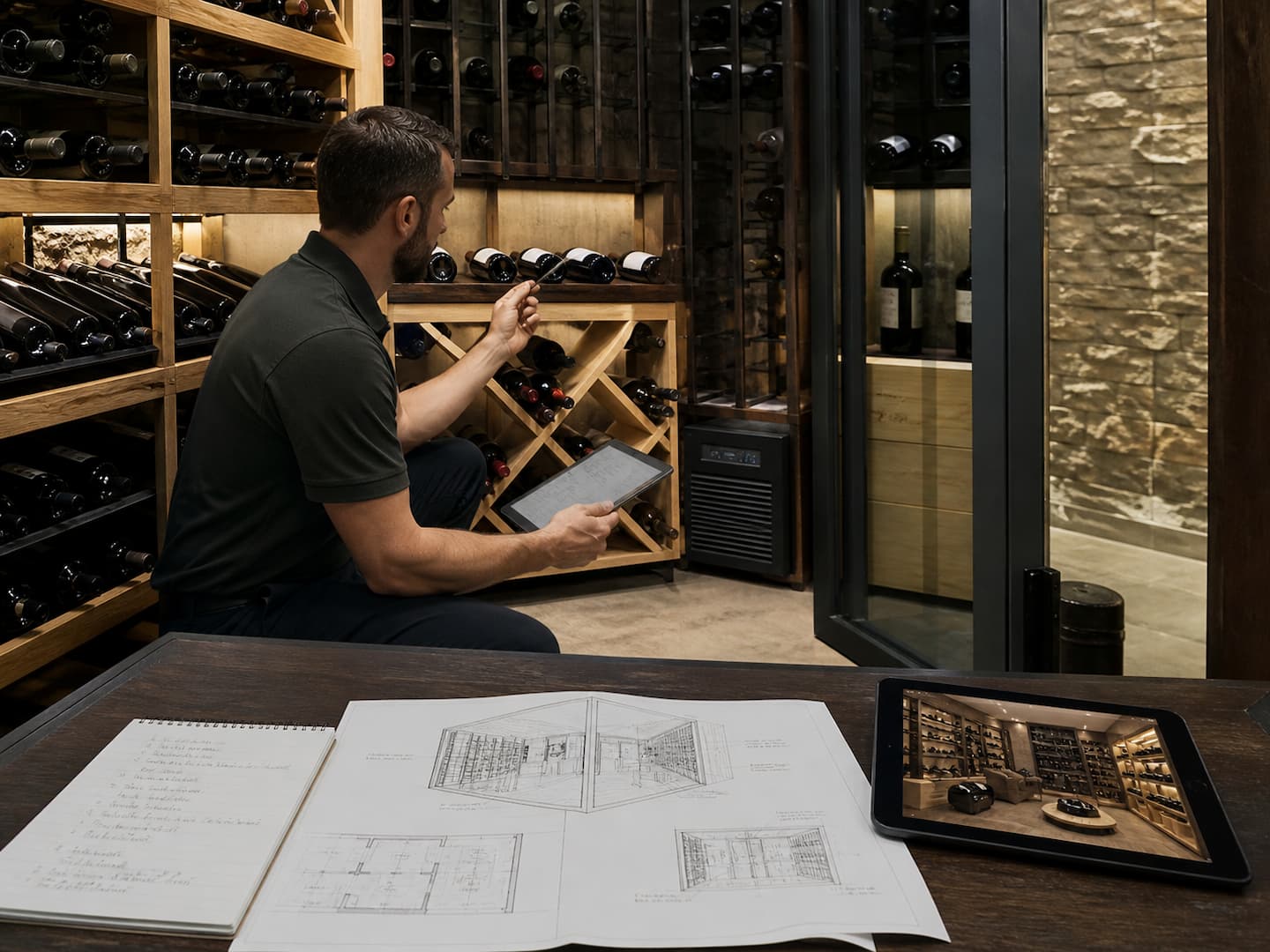 Specialist selecting the right wine cellar cooling system for the room design