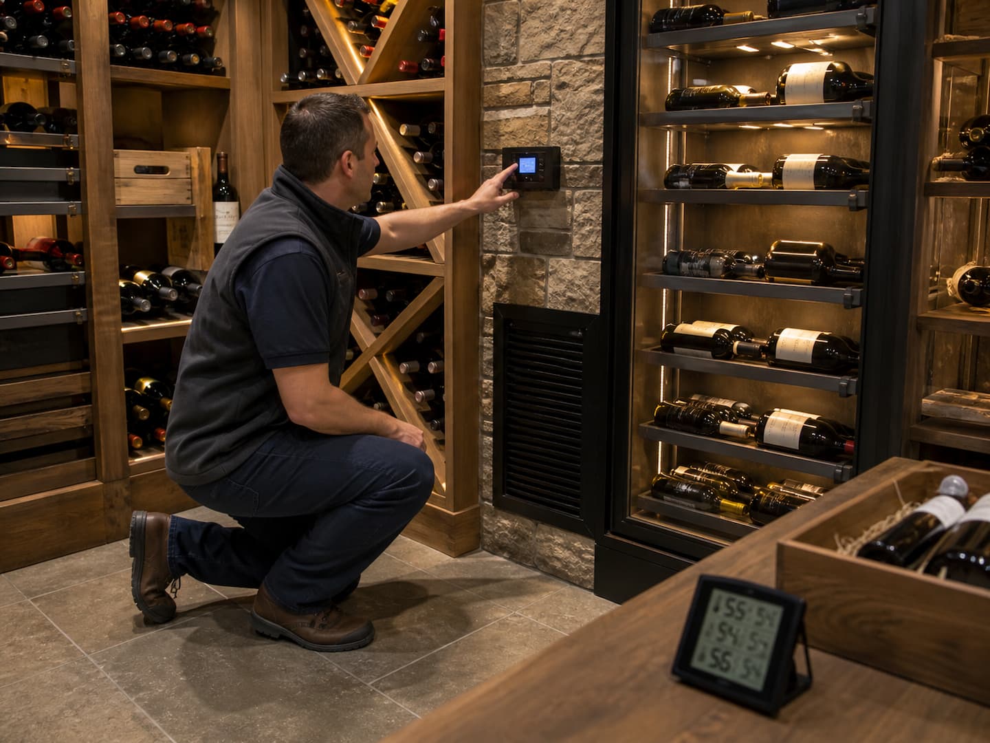 Technician checking stable conditions in a wine cellar cooling system